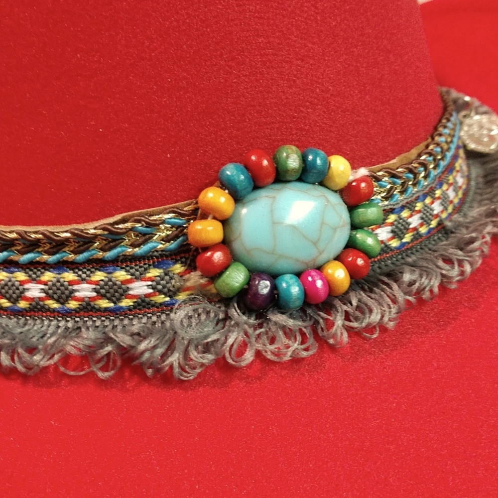 RESERVED Southern Red Cowboy Hat Turquoise Tassels Pendants Fringe Accent Boho - Picture 4 of 17